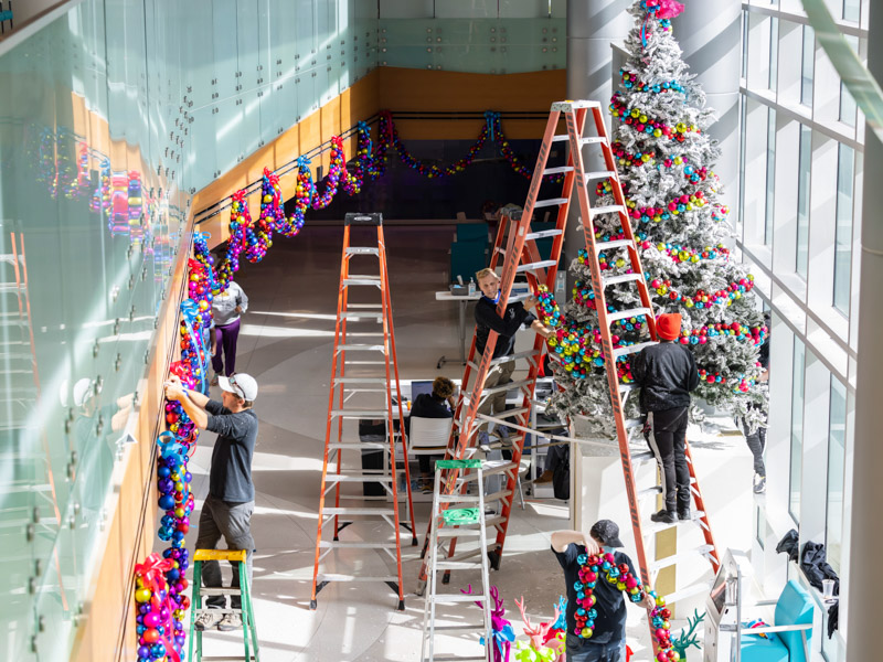 Fresh Cut Catering & Floral team members hang decorations for the holiday season in the lobby of the Kathy and Joe Sanderson Tower, creating a holiday display sponsored by Friends of Children's Hospital. Melanie Thortis/ UMMC Communications 